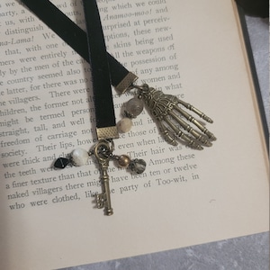 Skeleton Hand and Key Bookmark, Gothic Bookmarker, Goth Velvet Ribbon Book Thong, Reader Gift, Teacher Gift,