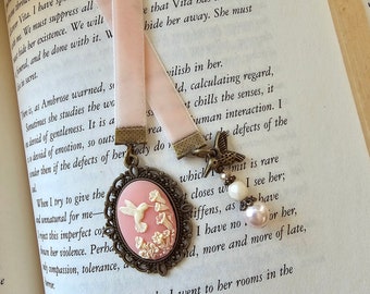 Hummingbird Cameo Bookmark, Vintage Style Velvet Bookmarker, Victorian Style Reader Gift