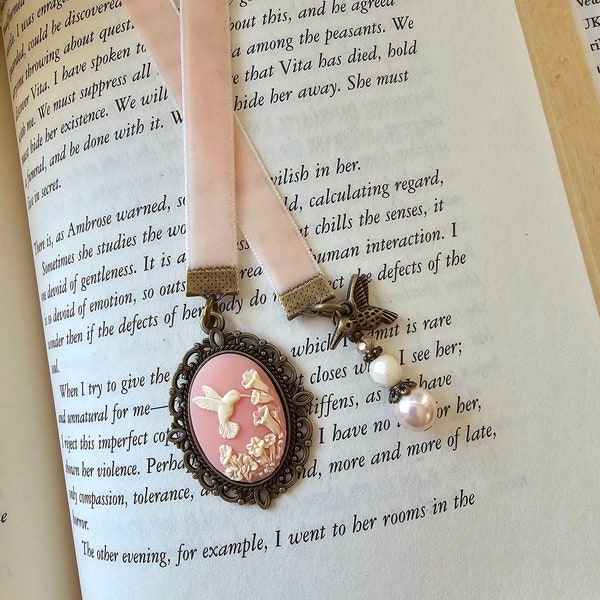 Hummingbird Cameo Bookmark, Vintage Style Velvet Bookmarker, Victorian Style Reader Gift