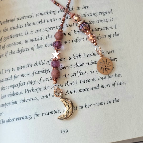 Rose Gold Plated Celestial Beaded Bookmark, Perfect for Book Lovers