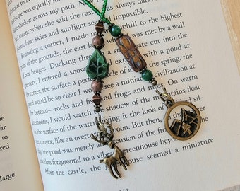 Rustic Chic Beaded Bookmark with Bronze Stag, Mountain Charms