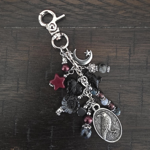Small Raven Themed Bag Charm with Silver Plated Accents