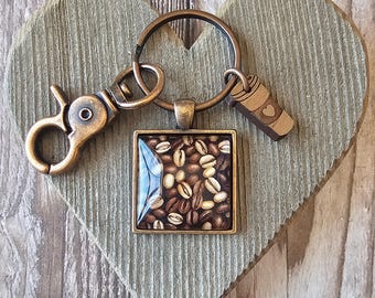 Coffee Bean Keychain With Coffee Cup Wood Charm