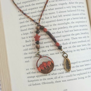 Nature-Inspired Beaded Bookmark with Carnelian Gemstone Star and Mountain View Charm