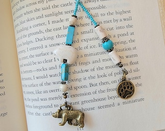 Howlite and Turquoise Beaded Bookmark with Fetish Bear Bead And Bronze Charms