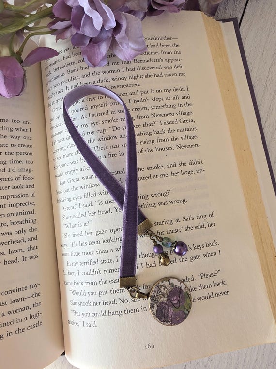 Velvet Ribbon Bookmark, Violet Roses Bookmarker, Purple Reader Gift, Floral Book Lover Gift, Mother Gift