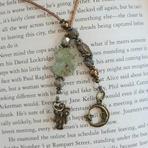 Unique Beaded Bookmark with African Green Opal Crescent Moon and Bronze Plated Owl Detail