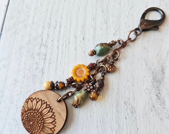 Boho Style Beaded Bag Charm Zipper Pull With Sunflower Theme