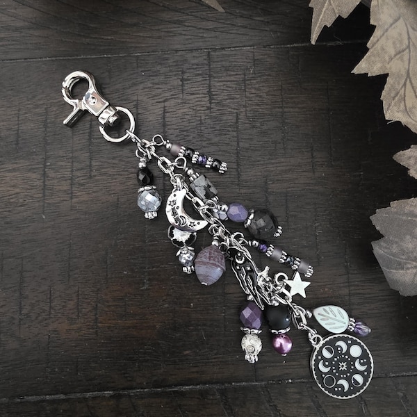 Moon and Raven Beaded Bag Charm with Moon Phases Charm