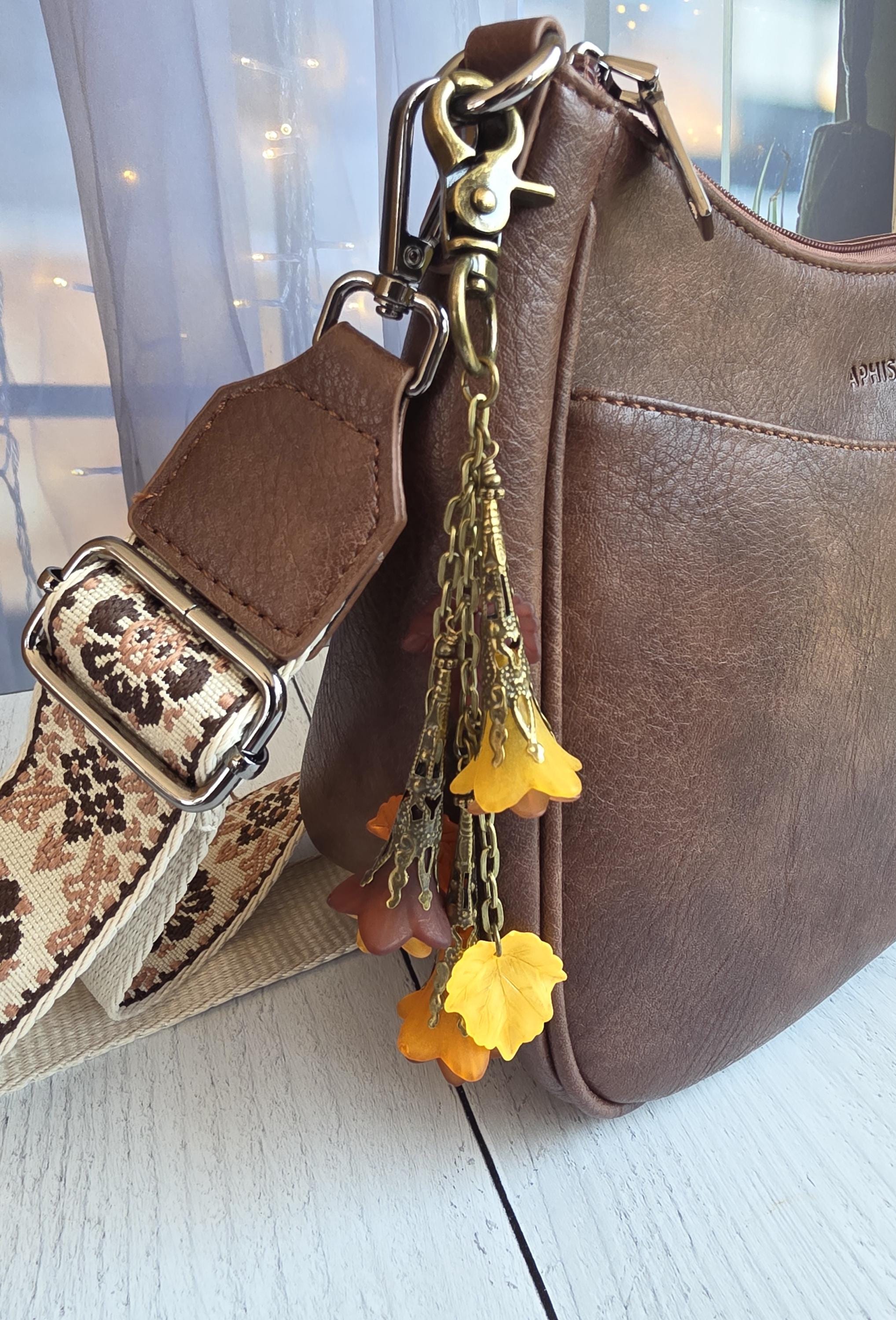 Autumn Flowers and Leaves Bag Charm, Acrylic Purse Accessory