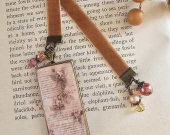 Velvet Ribbon Bookmark, Floral Picture Pendant Bookmarker, Reader Gift, Flower Book Lover Gift, Mother Gift