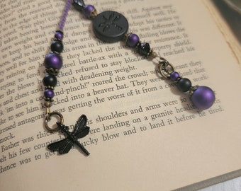 Black Dragonfly Bookmark, Gothic Dragonfly, Unique Bearded Book Thong, Gift for Her