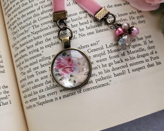 Rose Bookmark, Vintage Style Pendant, Velvet Ribbon Bookmark, Gift for Her