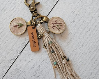 Explore Tassel Purse Charm, Quirky Boho Embroidery, Adventure Woodland Pine Tree or Mountain Scene Tiny Embroidery, Mother Gift