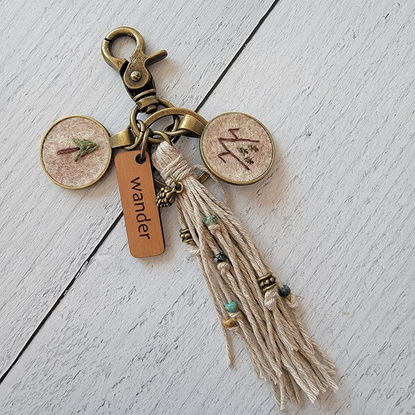 Explore Tassel Purse Charm, Quirky Boho Embroidery, Adventure Woodland Pine Tree or Mountain Scene Tiny Embroidery, Mother Gift