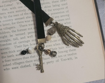 Skeleton Hand and Key Bookmark, Gothic Bookmarker, Goth Velvet Ribbon Book Thong, Reader Gift, Teacher Gift,