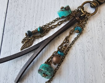 Leather Tassel Bag Charm Featuring Genuine Turquoise Heishi Beads and Beaded Charms