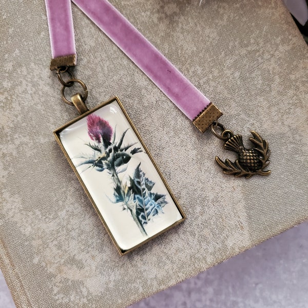 Scottish Thistle Velvet Bookmark in Bronze, Vintage Reproduction Pendant, Book Gift for Her, Botanical Rendering, Mother Gift