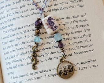 Beach Lover Reading Accessory, Beaded Bookmark with Seahorse Theme