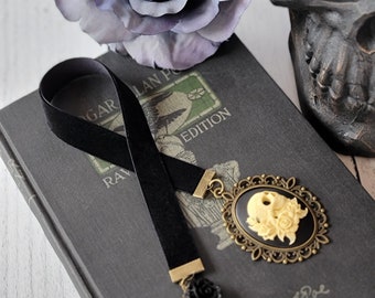 Large Gothic Skull Bookmark, Black Velvet Bookmarker, Skull and Roses, Halloween Reader Gift, Goth Bookmark, Teacher Gift,