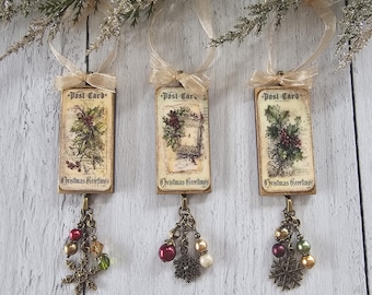Handmade Christmas Ornaments in Vintage Shabby Style With Beaded Accents, Choose One or All Three