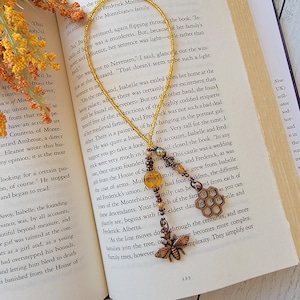 Bee-inspired Beaded Bookmark with Honey Colored Bee Bead and Copper Queen Bee & Honeycomb Charms