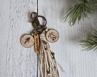 Explore Tassel Purse Charm, Quirky Boho Embroidery, Adventure Woodland Pine Tree or Mountain Scene Tiny Embroidery, Mother Gift