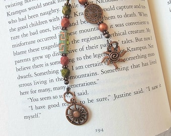 Aztec Style Sun Theme Beaded Bookmark, Copper Plated Reader Gift