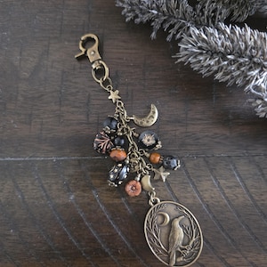 Raven or Crow Theme Bag Charm With Moon Accents