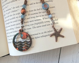Handcrafted Beach Theme Bookmark featuring an Ocean Sunset Charm and Copper Plated Starfish