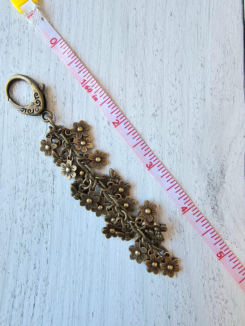 Bronze Plated Flower Bag Charm, Bee Spring Summer Purse Charm, Flower Tassel image 5