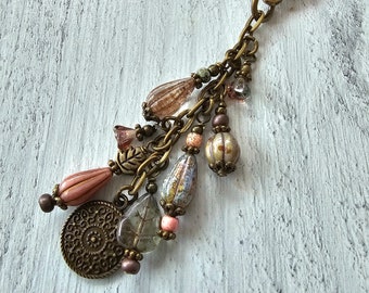 Boho Style Beaded Bag Charm Zipper Pull With Bronze Plated Charm
