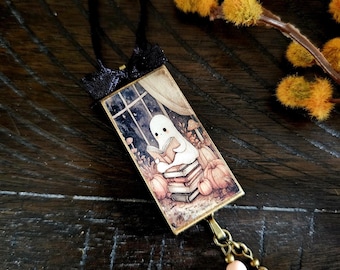 Adorno de fantasma y libros caprichosos, decoración de Halloween otoñal