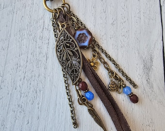 Leather Tassel Bag Charm Featuring Czech Boho Style Flower and Beaded Charms