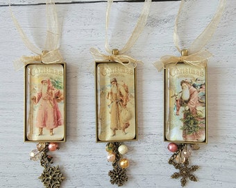 Elegant Set of Three Victorian Santa Glass and Metal Christmas Ornaments, Buy 3 or Singles