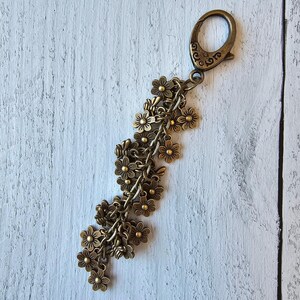 Bronze Plated Flower Bag Charm, Bee Spring Summer Purse Charm, Flower Tassel image 2