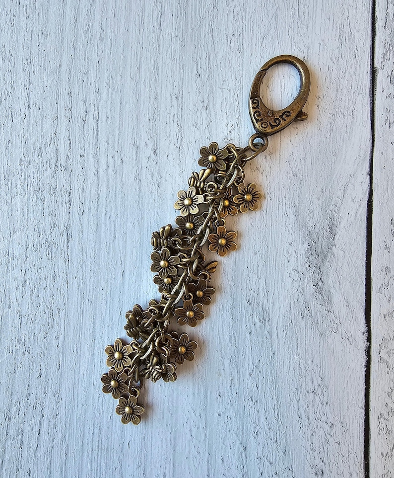Bronze Plated Flower Bag Charm, Bee Spring Summer Purse Charm, Flower Tassel image 2