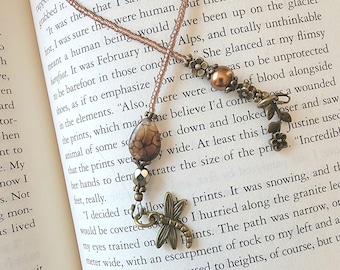 Dragonfly and Flower Bookmark, Made with Unique Dragon Vein Stone Bead