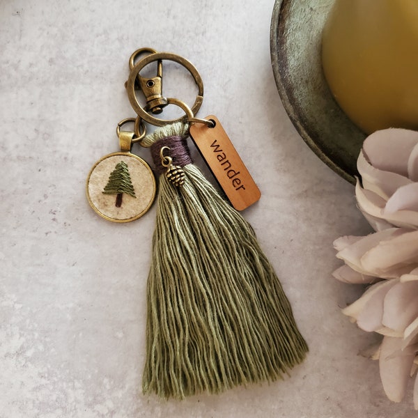 Wander Keychain, Explore Hike Tassel, Tiny Hand Embroidery Pine Tree Purse Charm, Outdoor Bag Accessory, Nature Key Ring