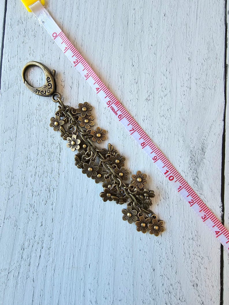 Bronze Plated Flower Bag Charm, Bee Spring Summer Purse Charm, Flower Tassel image 6