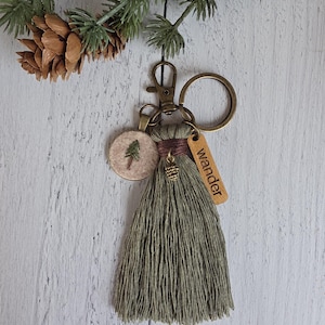 Wander Keychain, Explore Hike Tassel, Tiny Hand Embroidery Pine Tree Purse Charm, Outdoor Bag Accessory, Nature Key Ring