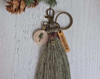 Wander Keychain, Explore Hike Tassel, Tiny Hand Embroidery Pine Tree Purse Charm, Outdoor Bag Accessory, Nature Key Ring