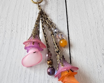 Flower Bag Charm, Vintage Style Purse Zipper Pull, Hand Detailed Floral and Beaded Bag Accessory