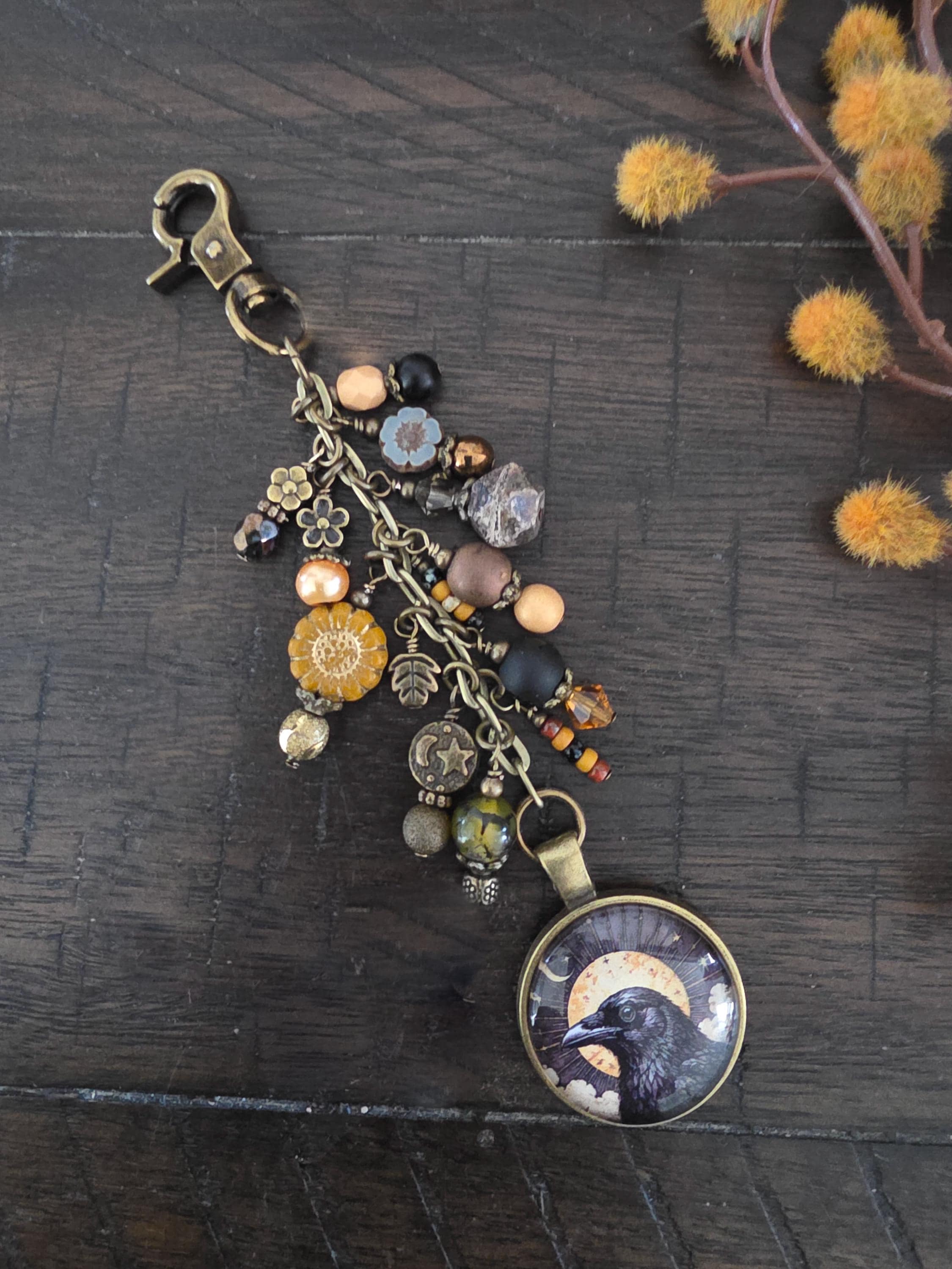 Sun and Raven Beaded Bag Charm, Celestial Purse Flair