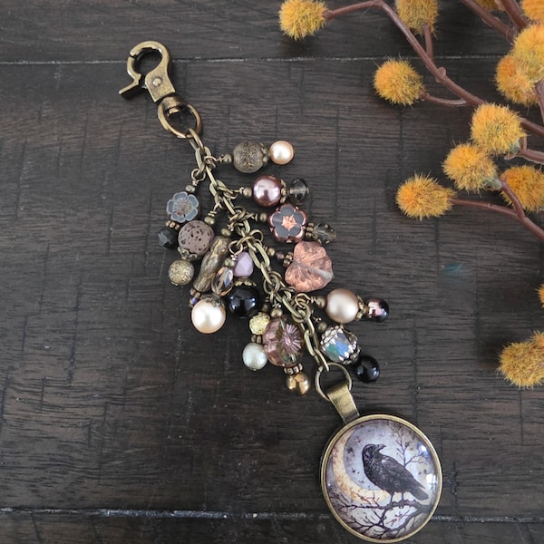 Crescent Moon And Raven Bag Bling, Beaded Purse Charm