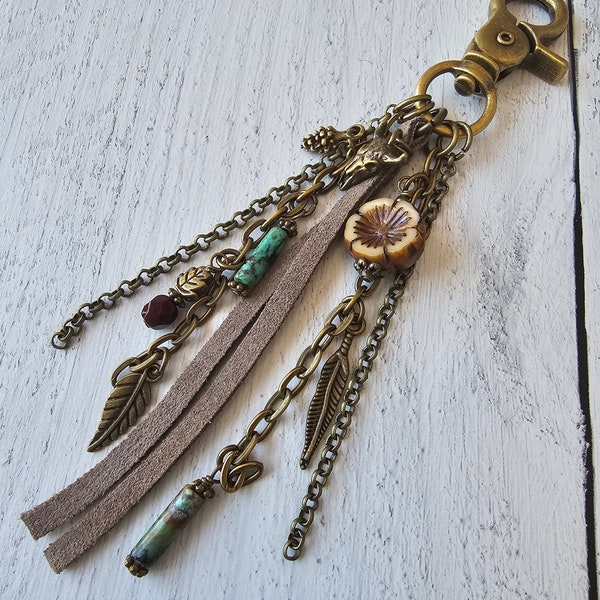 Leather Tassel Bag Charm With African Faux Turquoise Jasper and Czech Beaded Charms