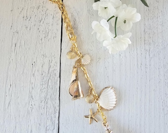 Beach Ocean Themed Car Charm for Rear View Mirror, Gold Plated Shell