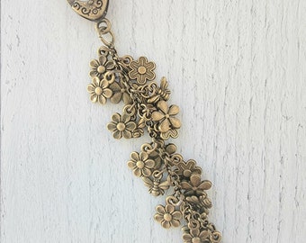 Bronze Plated Flower Bag Charm, Bee Spring Summer Purse Charm, Flower Tassel