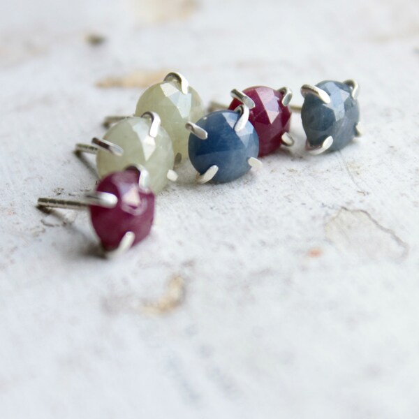 Rosecut Sapphire Earrings - Blue Sapphire Studs - Prong Set Sapphires