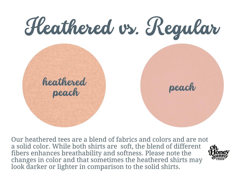 May include: Two fabric swatches, one labeled "heathered peach" and the other "peach". The heathered peach swatch has a subtle flecked texture, while the peach swatch is solid. The text "Our heathered tees are a blend of fabrics and colors and are not a solid color. While both shirts are soft, the blend of different fibers enhances breathability and softness. Please note the changes in color and that sometimes the heathered shirts may look darker or lighter in comparison to the solid shirts." is below the swatches. The text "Oh Honey Sunny Tees" is in a circle to the right of the swatches.